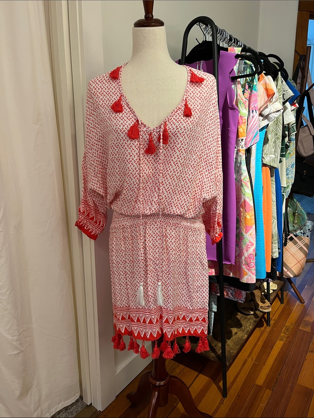 Mazik Red and White Tassel-Trim Mini Dress
